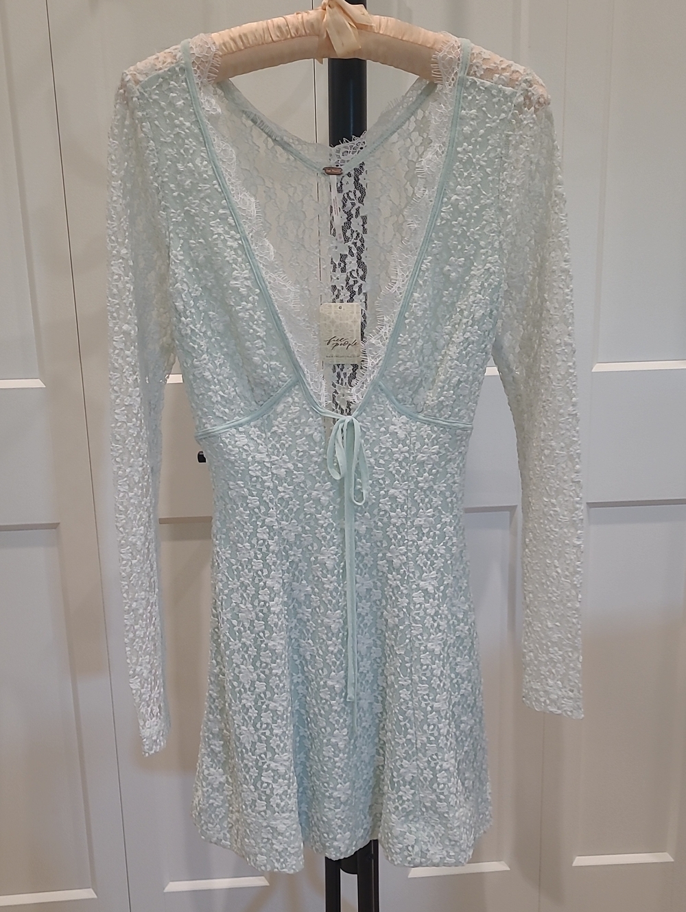 Free People Petra Mini Dress- Mint Lace With Tie NWT